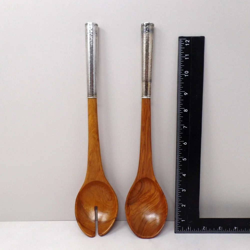Vintage Peru 925 Sterling Silver Hammered Handle Wood Salad Servers Set 2pc 12in